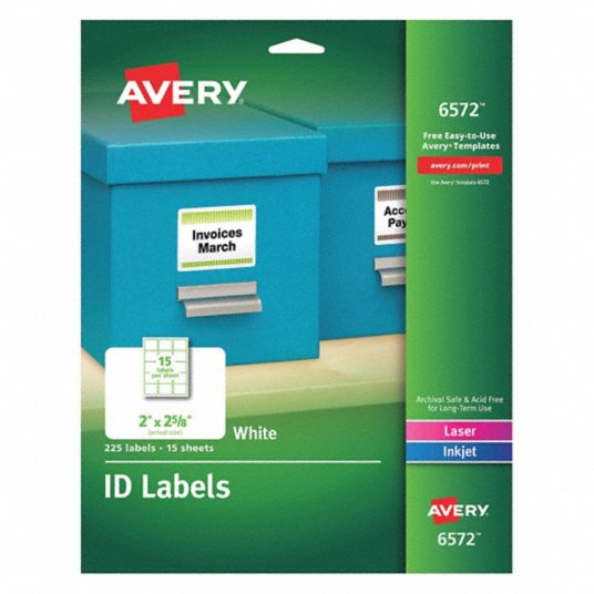 AVERY ID Label, 2x2, White, PK225 - 50MV96|6572 - Grainger