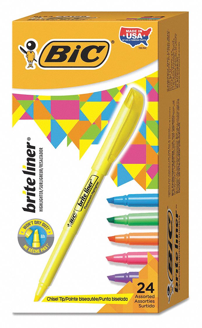 BIC, 24, PK, Brite Liner(R) Highlighter - 50MX42|BL241-AST - Grainger