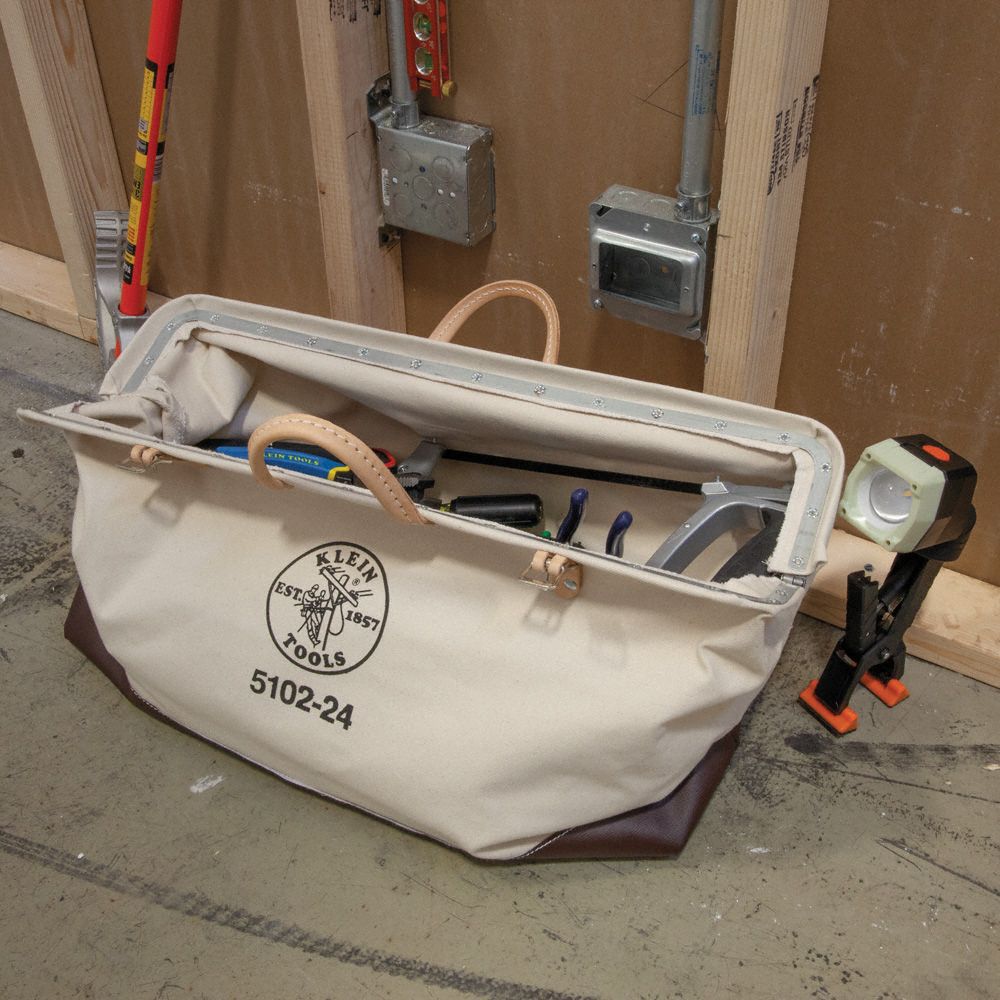 Tool Bag: 24 in W x 6 in D x 13 in H, Brown, Canvas, 1 Pockets, 1 Inside Pockets, Canvas
