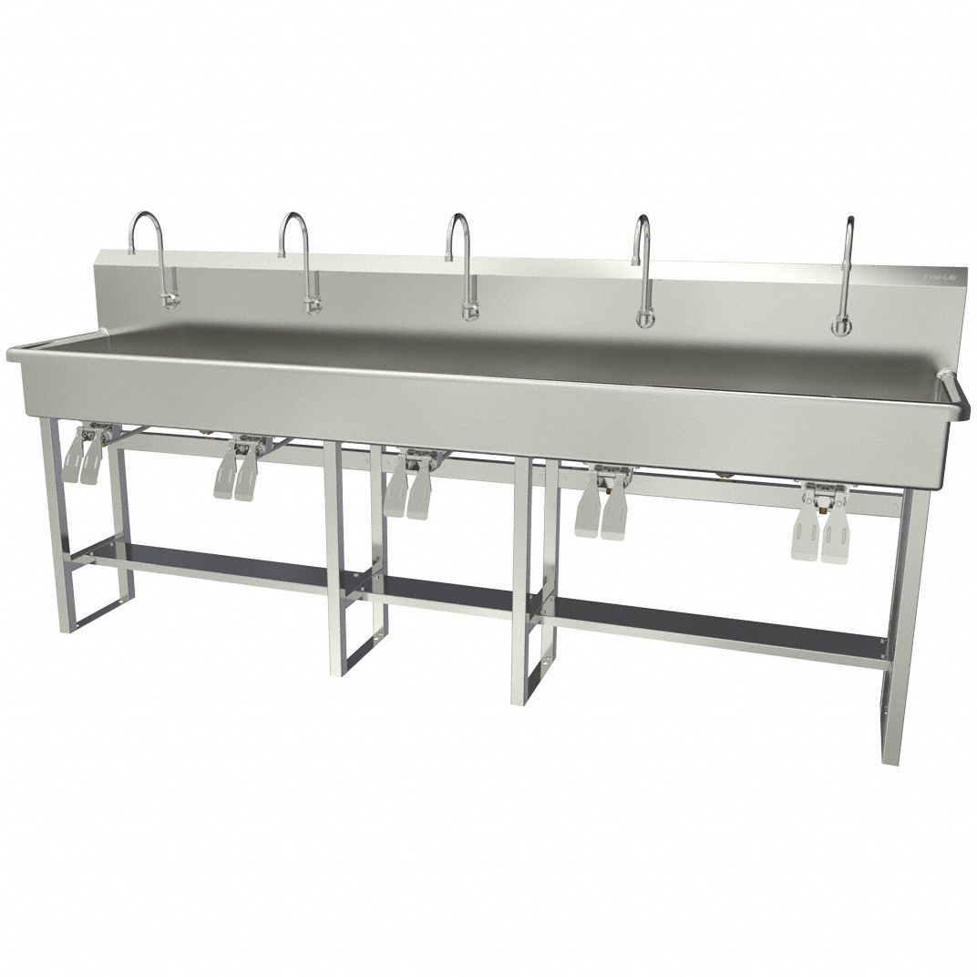 Wash Station: 45 in Overall Ht, 97 in Bowl Lg, 8 in Bowl Dp, 2 gpm Flow Rate, 16 ga