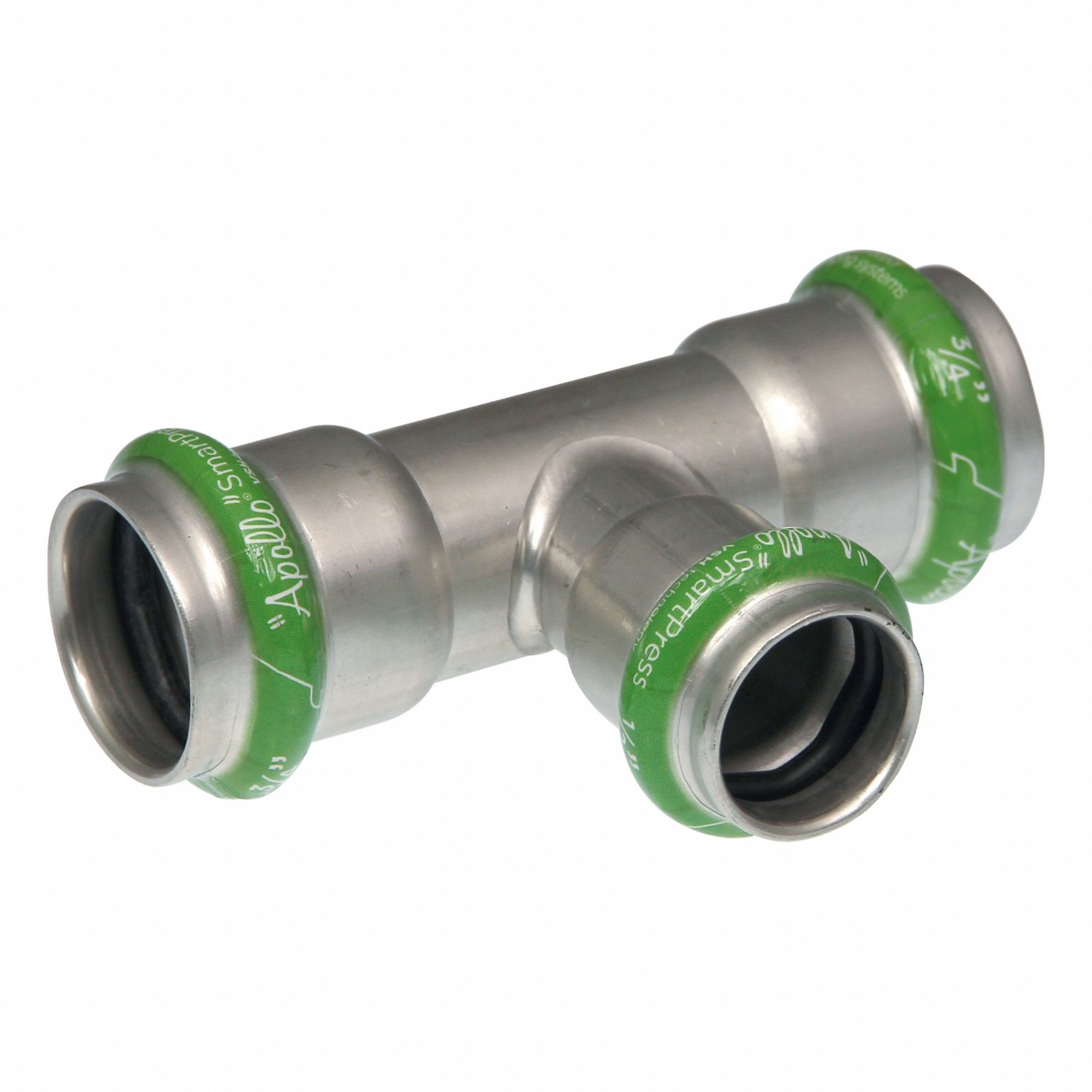 Crimp Tee Fitting: 1 1/2 in Pipe x 1 in Pipe x 1 1/2 in CTS Size, EPDM, SmartPress