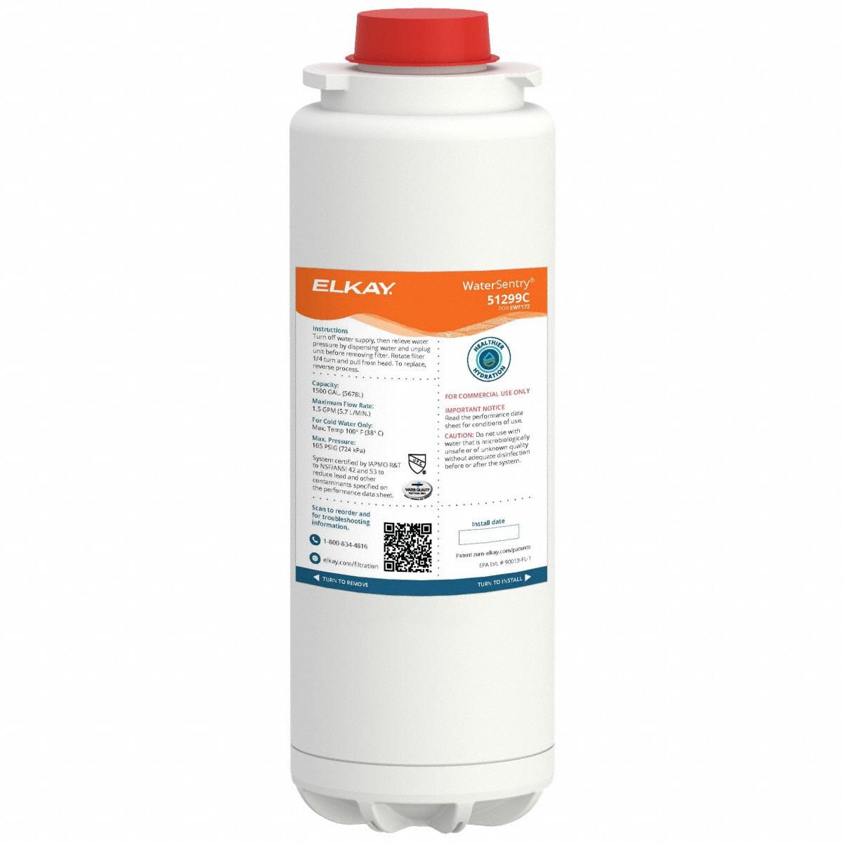Quick-Connect Water Filter: 0.5 micron, 1.5 gpm, 1, 500 gal, 9 1/2 in Overall Ht