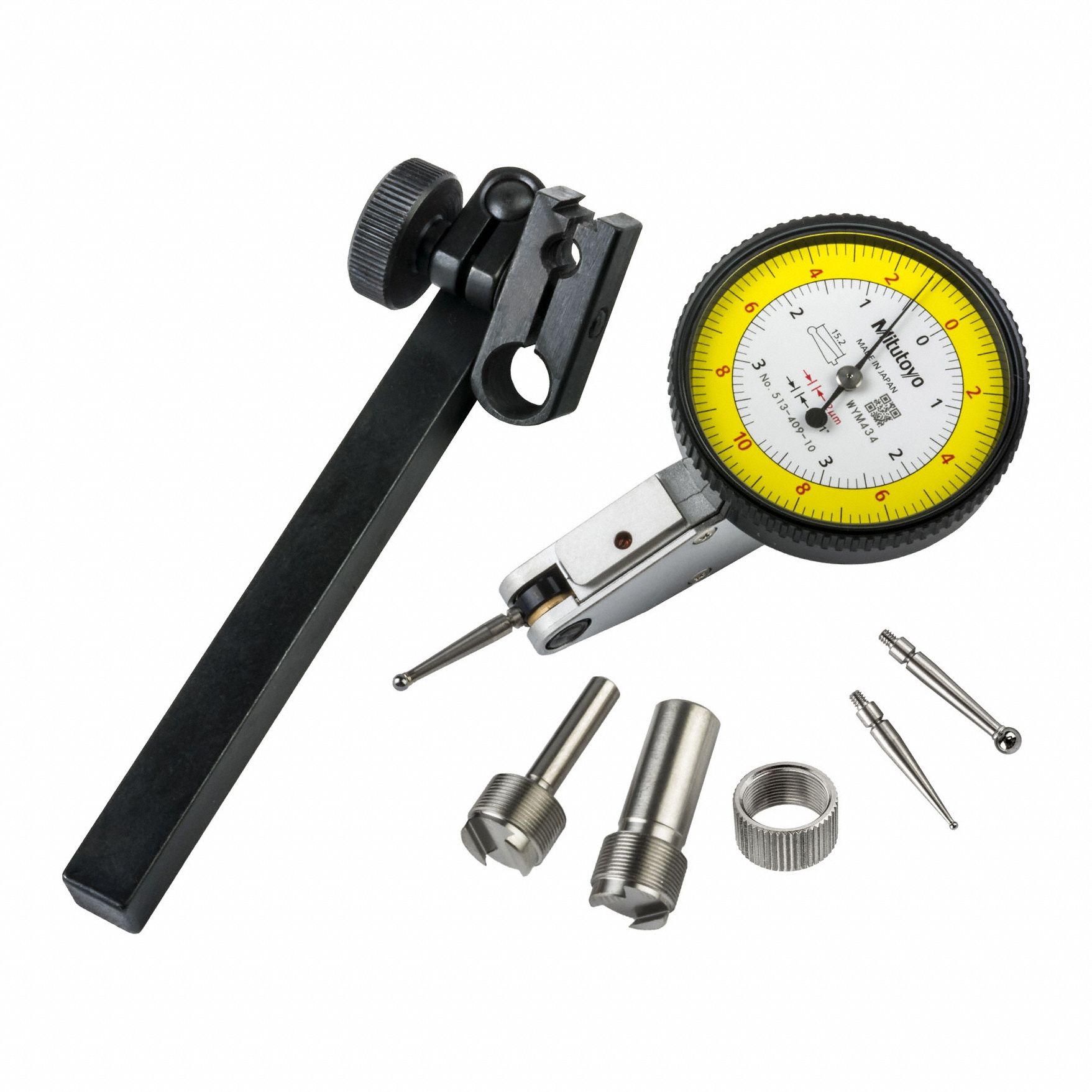 MITUTOYO Dial Test Indicator: 0 in to 0.0076 in /0 mm to 0.2 mm, Horizontal, Inch/Metric, +/-3 um (MPN 513-409-10T). Key specifications — attr1200917: Dial Test Indicator; attr1184127: 513-409-10T; attr1184167: MITUTOYO; attr1184108: +/-3 um; attr1184144: Certificate of Inspection.