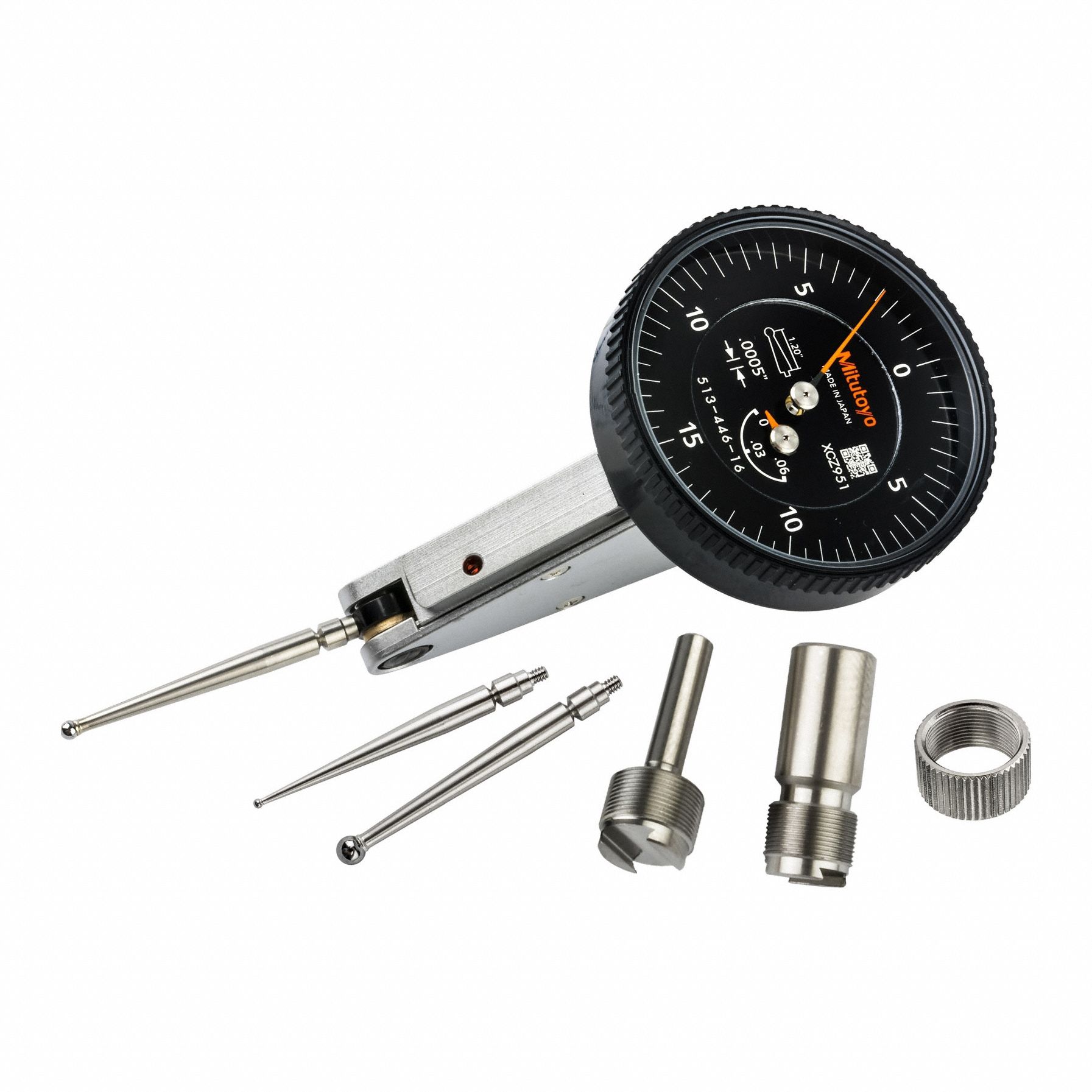 MITUTOYO Dial Test Indicator: 0 in to 0.06 in, Horizontal, Inch, +/-0.0005 in (MPN 513-446-16A). Key specifications — attr1200917: Dial Test Indicator; attr1184127: 513-446-16A; attr1184167: MITUTOYO; attr1184108: +/-0.0005 in; attr1184144: Certificate of Inspection.