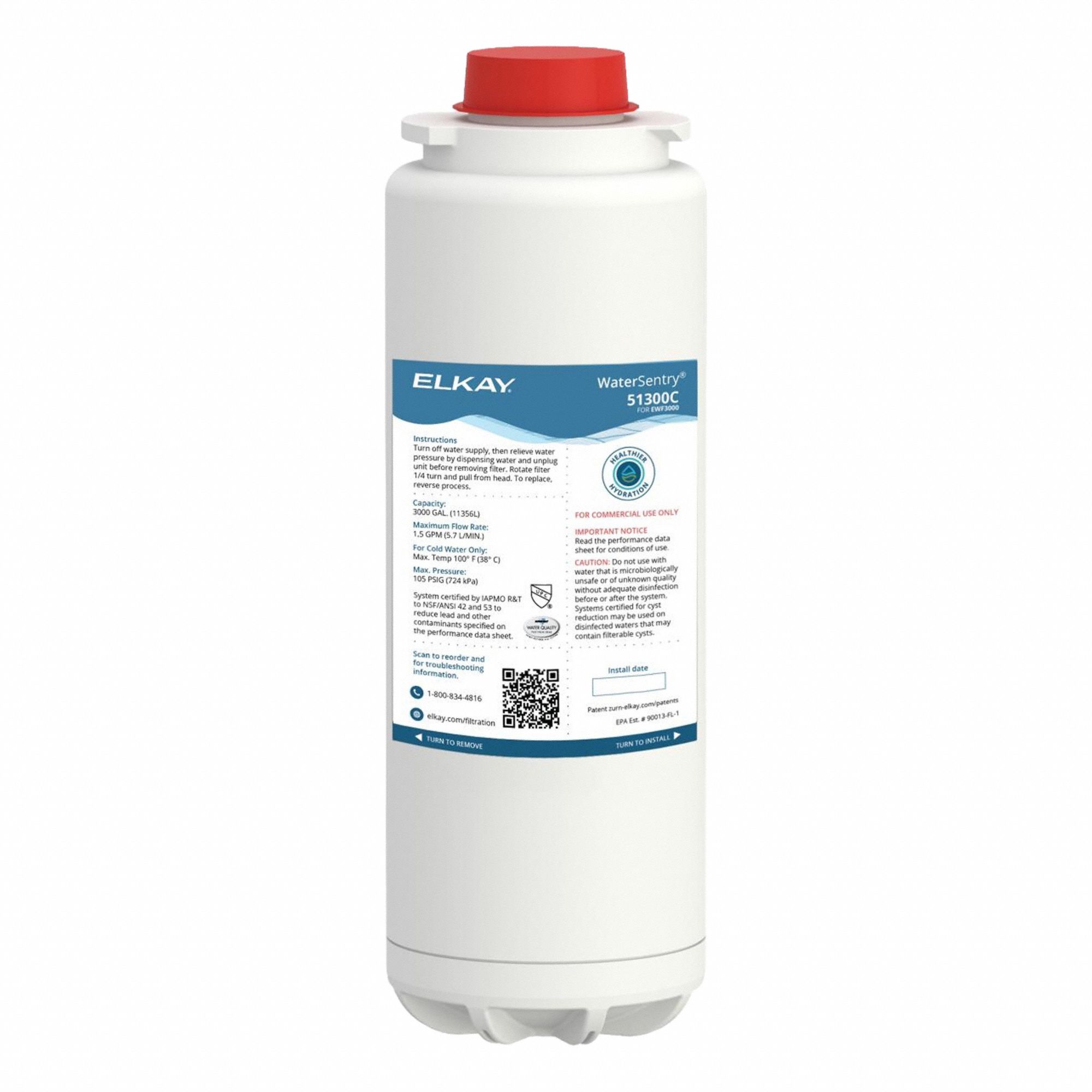Quick-Connect Water Filter: 1.5 gpm, 3, 000 gal, 9 1/2 in Overall Ht, 3 1/4 in Overall Dia