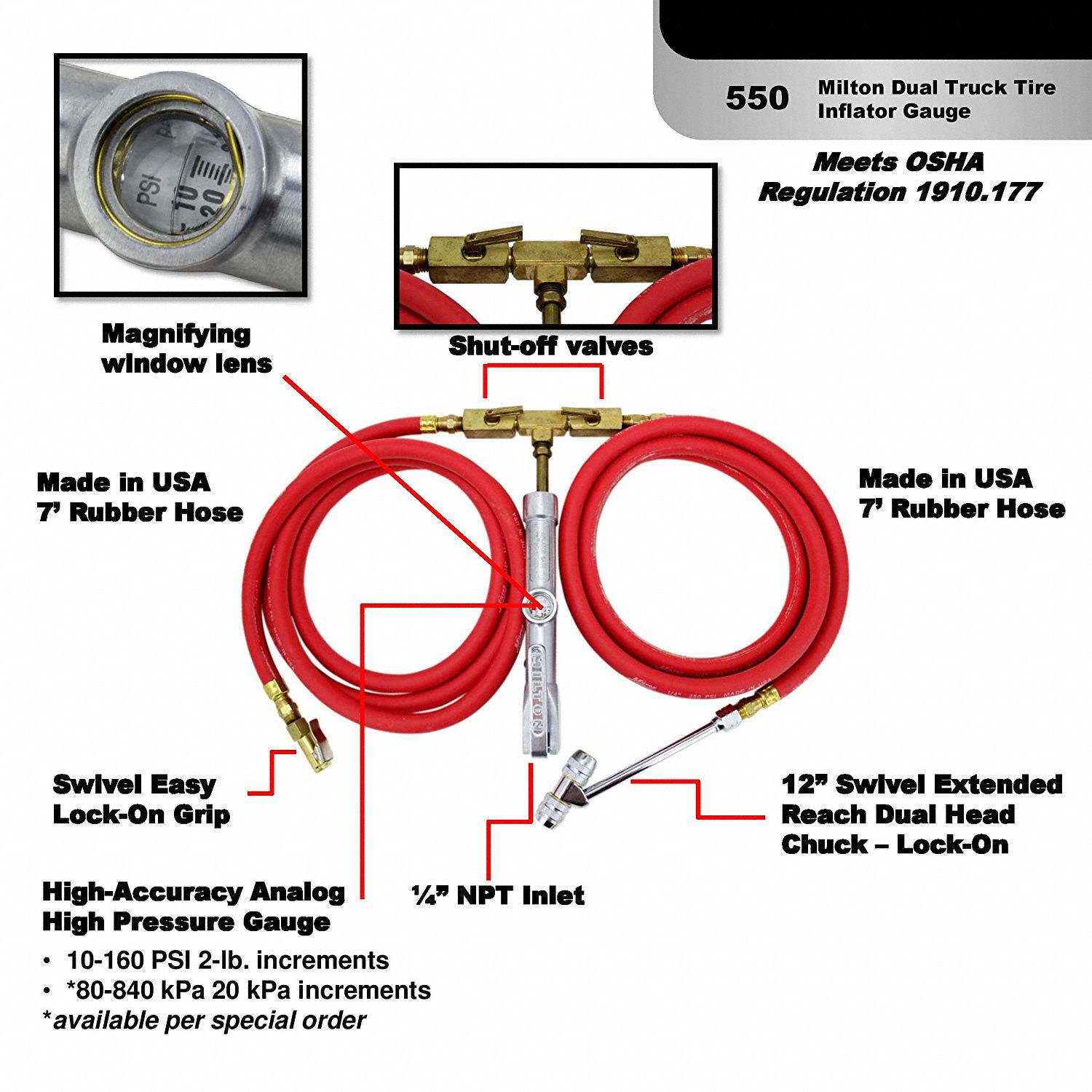 MILTON Dual Truck Tire Inflator Gauge 10 to 160 psi, Aluminum, 1/4
