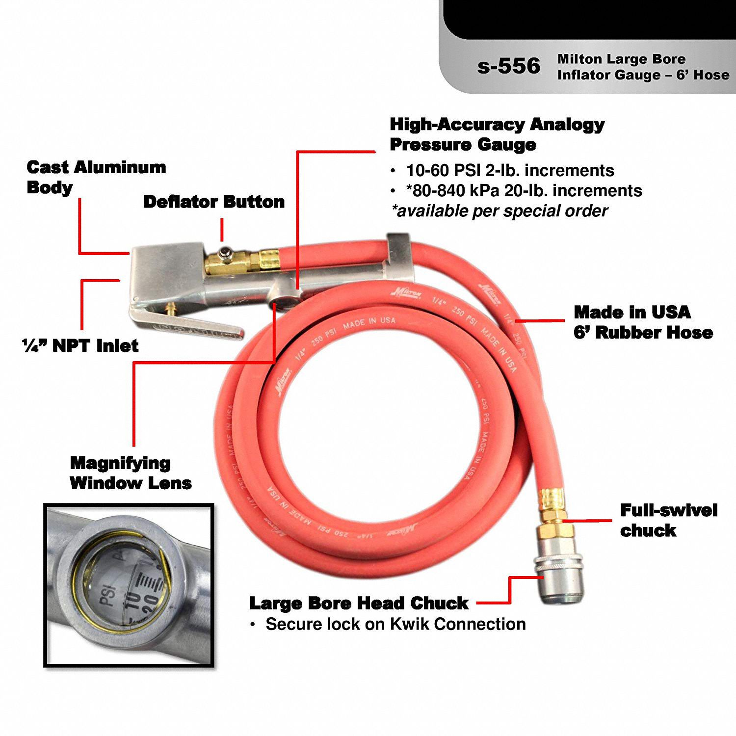 MILTON #G1506 X LARGE BORE HEAD HIGH VOLUME INFLATOR GAUGE USA MADE A005N 