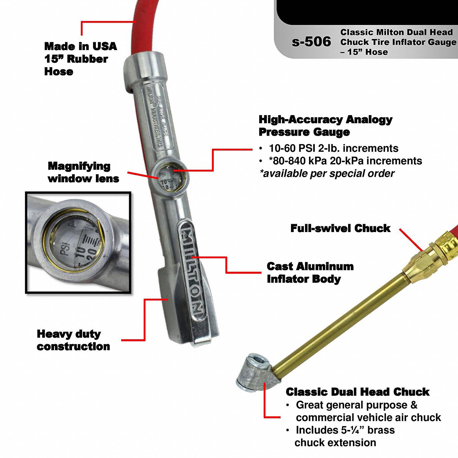 MILTON Dual Head Tire Inflator Gauge 10 to 160 psi, Aluminum, 15 in, 1