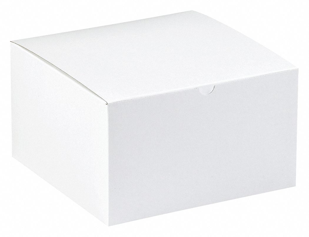 Gift Box, 10x10x6", White, PK50: 10 in Inside Lg, 10 in Inside Wd, 6 in Inside Ht, White, 50 PK