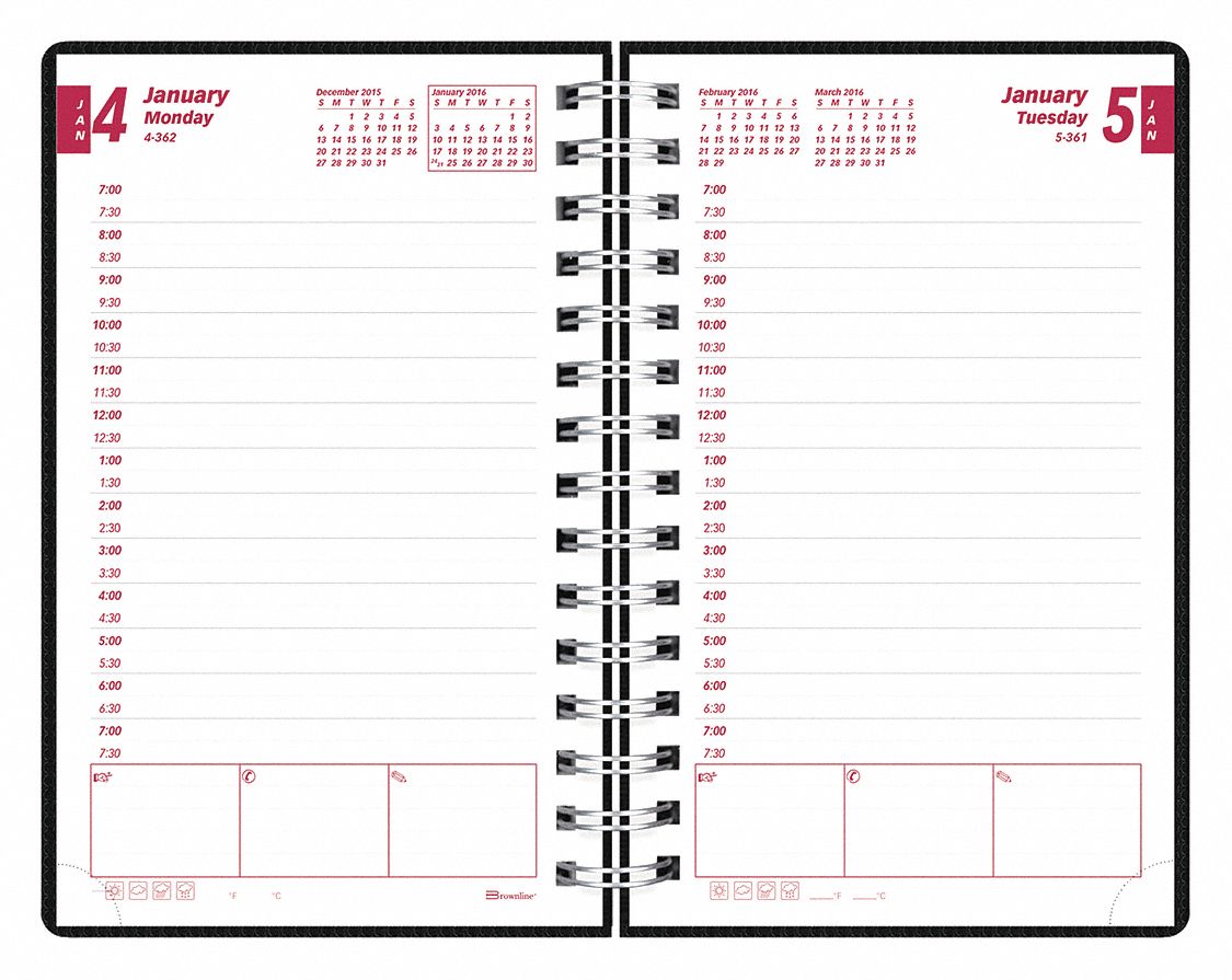 Brownline daily planner duraflx black 51vd16 cb634v blk grainger