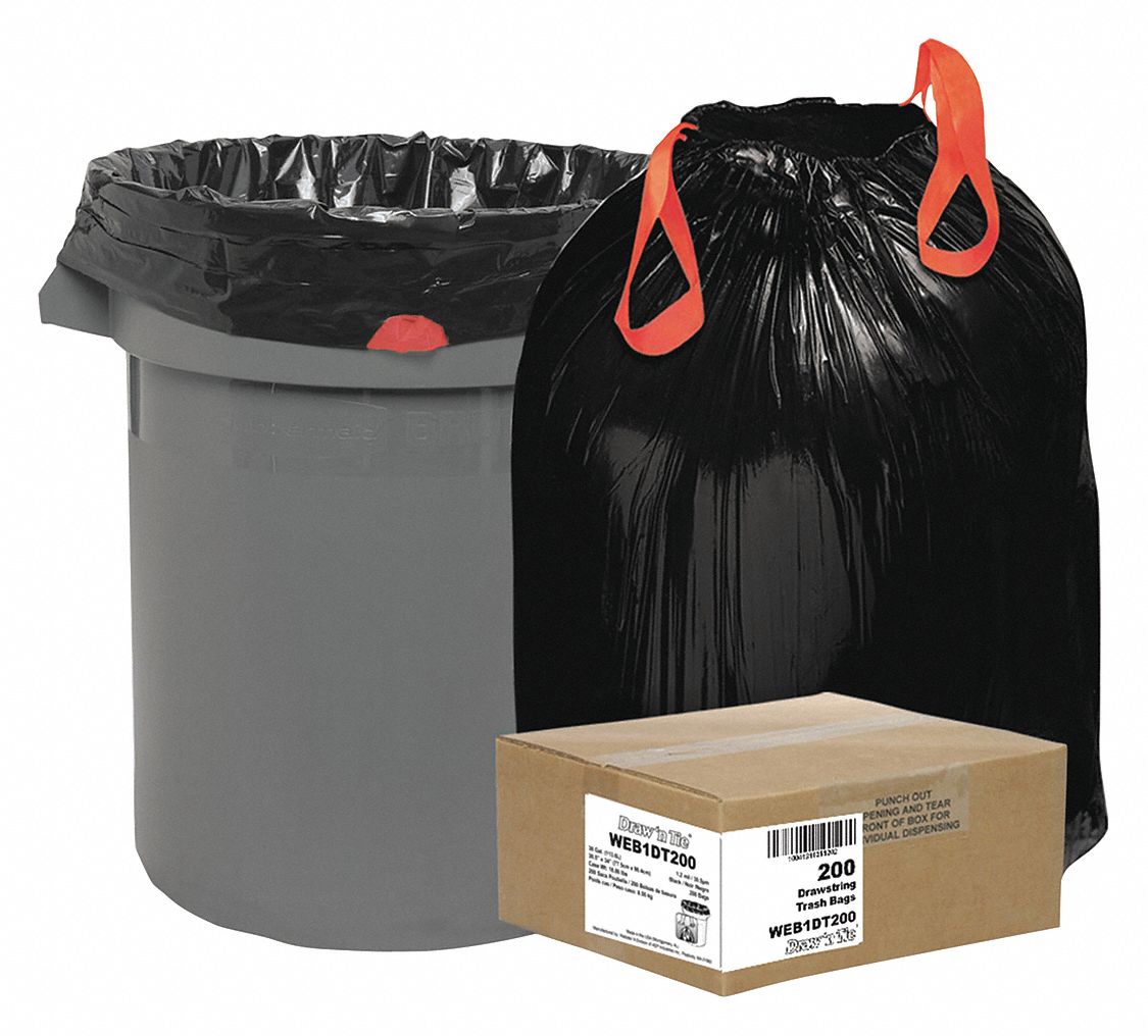 DRAW 'N TIE, 200, PK, Trash Bags,HD,30 gal.,Black,PK200 51VP44WEB1DT200 Grainger