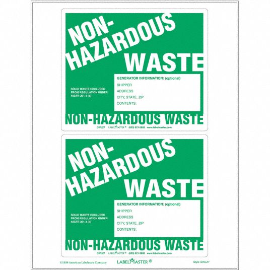 11 in Ht, 8 1/2 in Wd, Laser NonHazardous Waste,Label,PK25 51ZP99