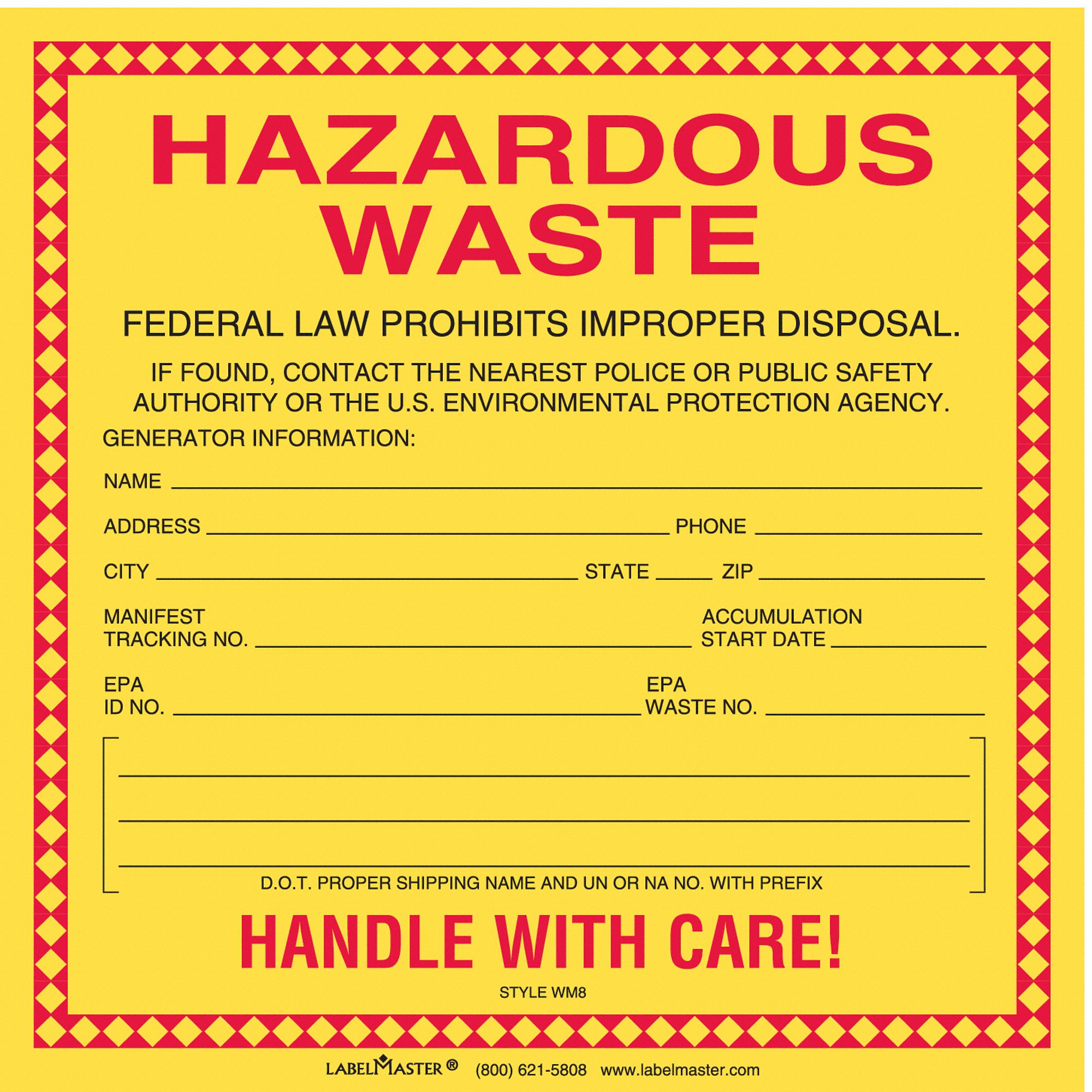 Waste Label: 6 in x 6 in, 6 in Label Wd, 6 in Label Ht, Label, 100 PK