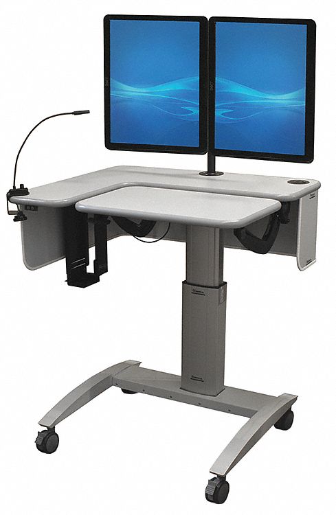 Computer Cart: Gray, Wood/Steel/Laminate, 36 in Overall Dp, 30 in to 46 in Overall Ht