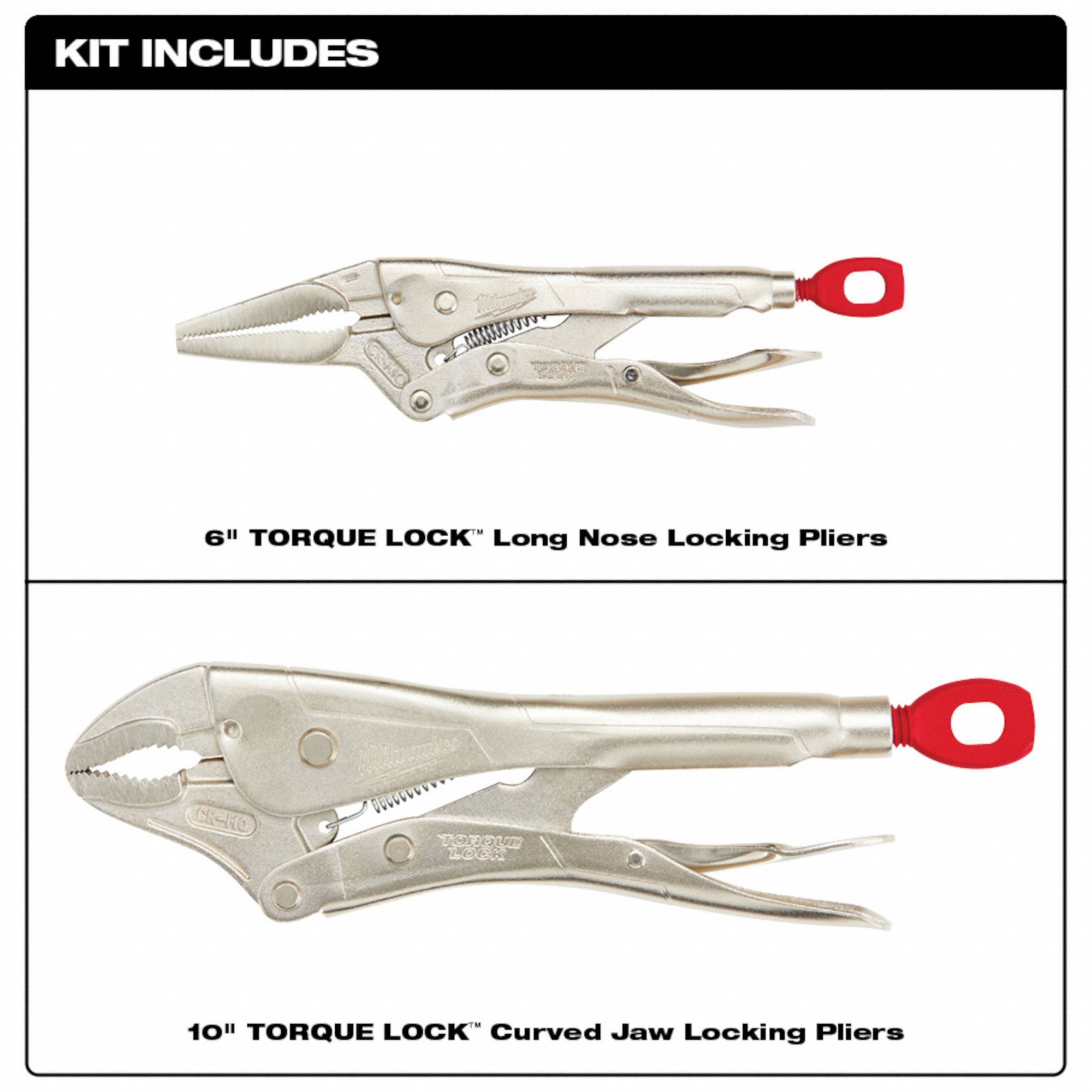 MILWAUKEE Locking Pliers Set Curved, 2 in Max Jaw Opening, 6 in_10 in Overall Lg, 10 in_6 in