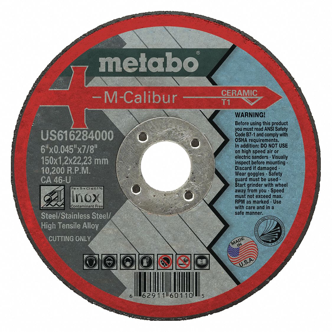 METABO Abrasive Cut-Off Wheel: Type 1, 6 in x 0.045 in x 7/8 in, Ceramic,  46 Grit, CA46U