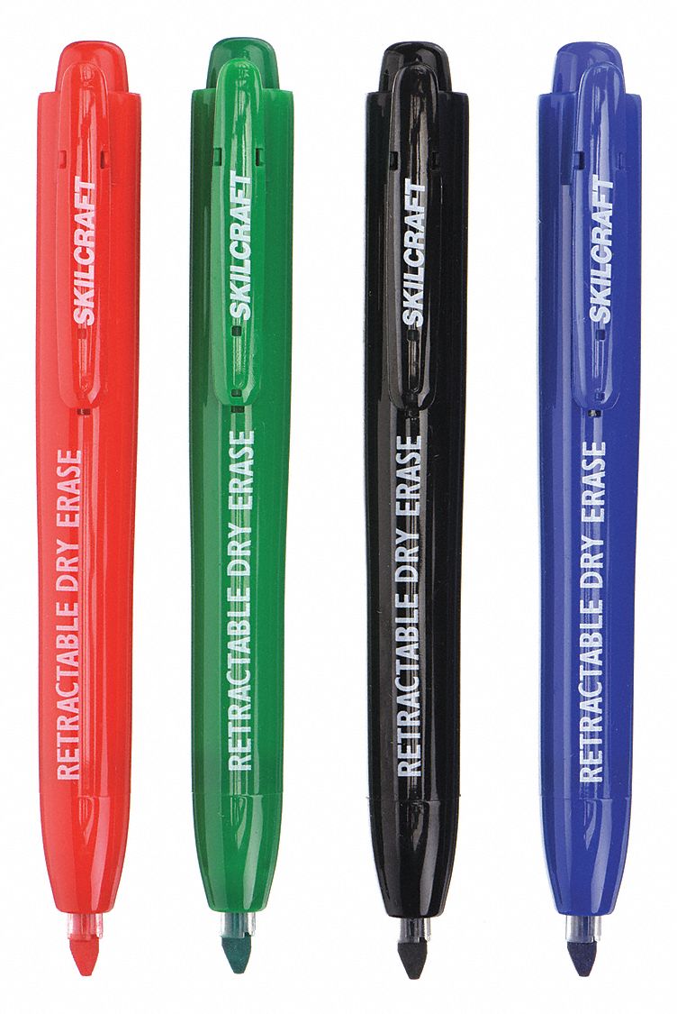Dry Erase Marker Set: Assorted, Black/Blue/Green/Red, Chisel, Retractable, Std, 4 PK