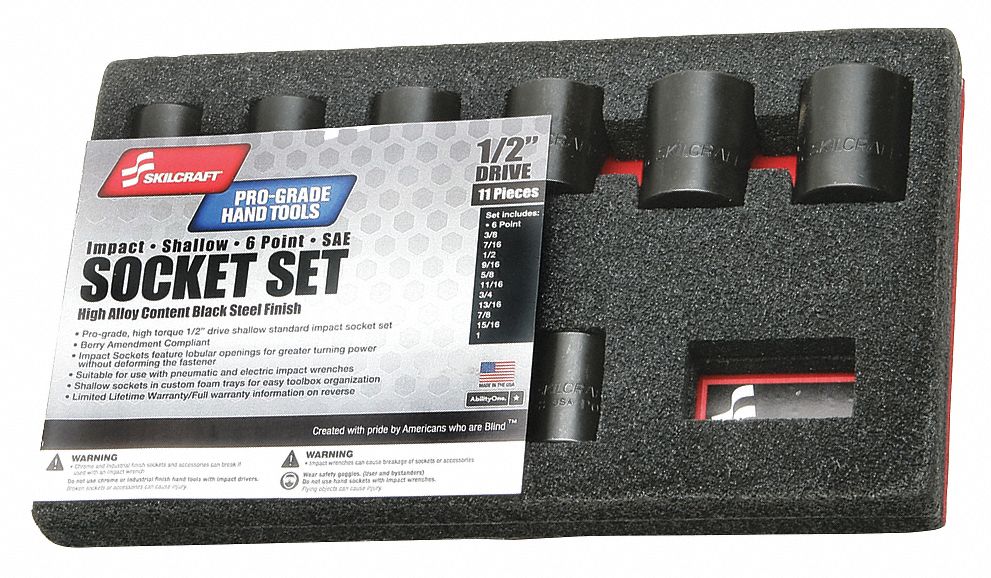 ABILITY ONE, 1/2 in Drive Size, 11 Pieces, Impact Socket Set 52CE87
