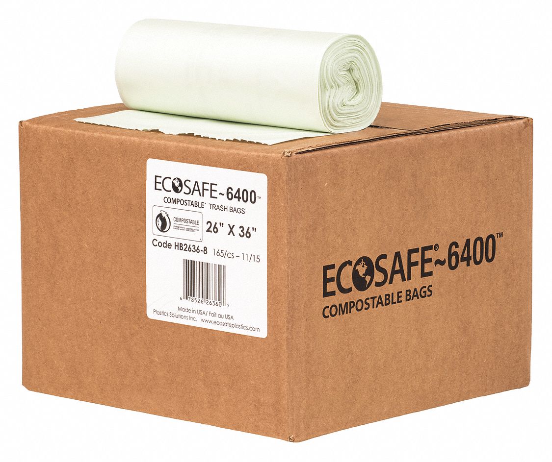 Compostable Trash Bags: 20 gal Capacity, 26 in Wd, 36 in Ht, 0.85 mil Thick, 165 PK