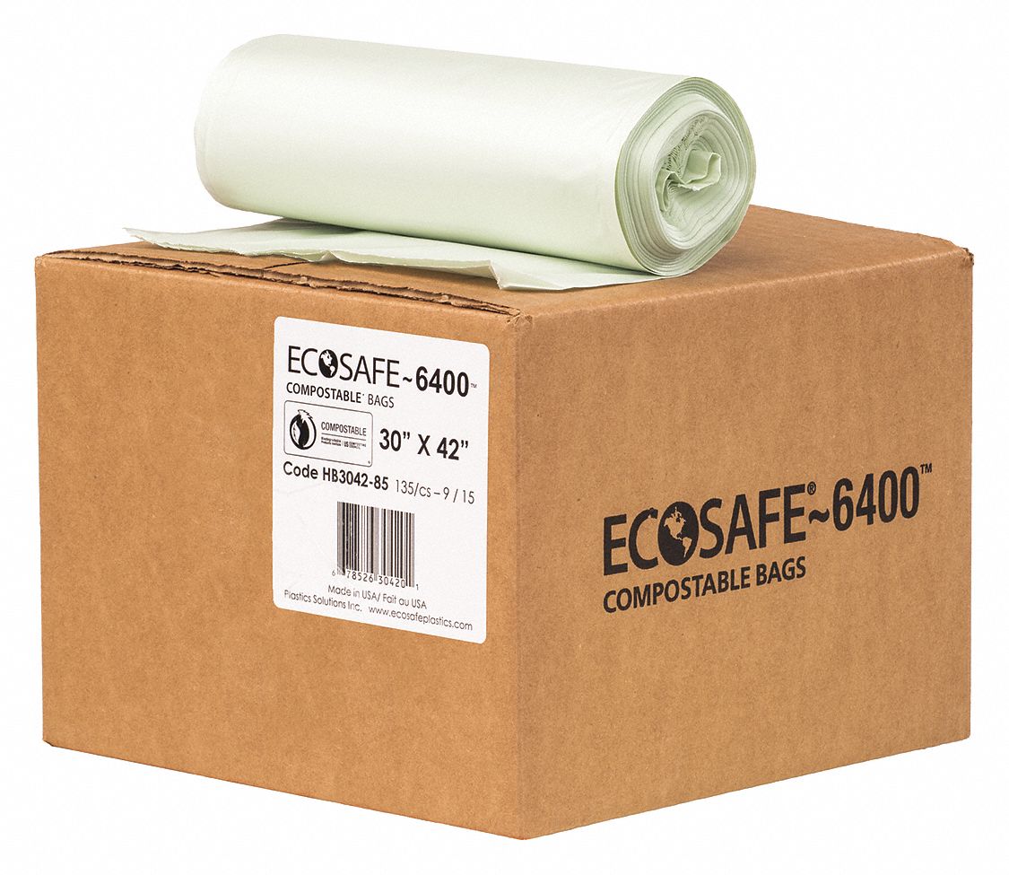 Compostable Trash Bags: 35 gal Capacity, 30 in Wd, 42 in Ht, 0.85 mil Thick, 135 PK