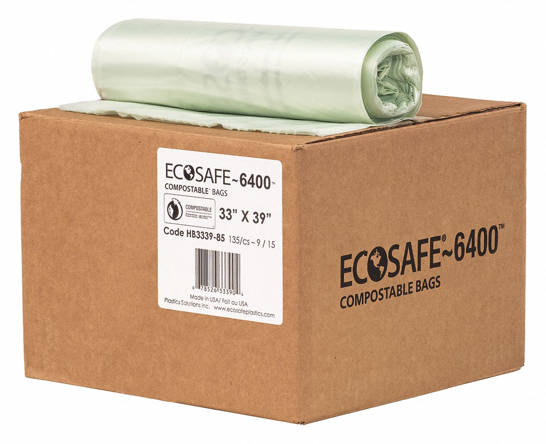 Compostable Trash Bags: 35 gal Capacity, 33 in Wd, 39 in Ht, 0.85 mil Thick, 135 PK