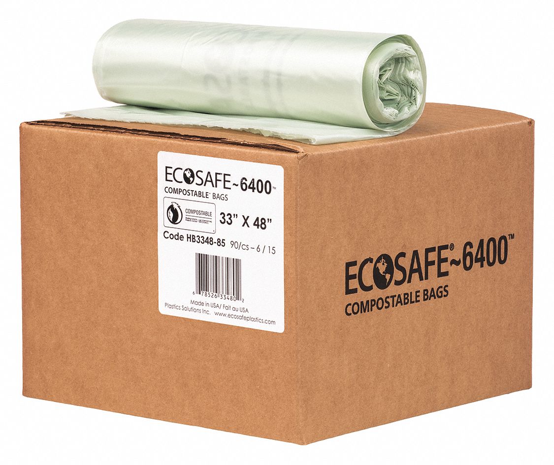 Compostable Trash Bags: 35 gal Capacity, 33 in Wd, 48 in Ht, 0.85 mil Thick, 90 PK