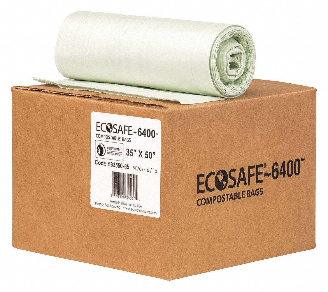 Compostable Trash Bags: 39 gal Capacity, 35 in Wd, 50 in Ht, 0.85 mil Thick, 90 PK