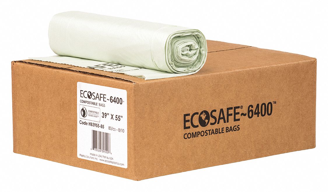 Compostable Trash Bags: 45 gal Capacity, 39 in Wd, 55 in Ht, 0.85 mil Thick, 80 PK