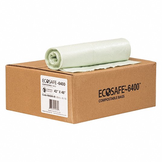 Compostable Trash Bags: 55 gal Capacity, 42 in Wd, 48 in Ht, 0.85 mil Thick, 80 PK