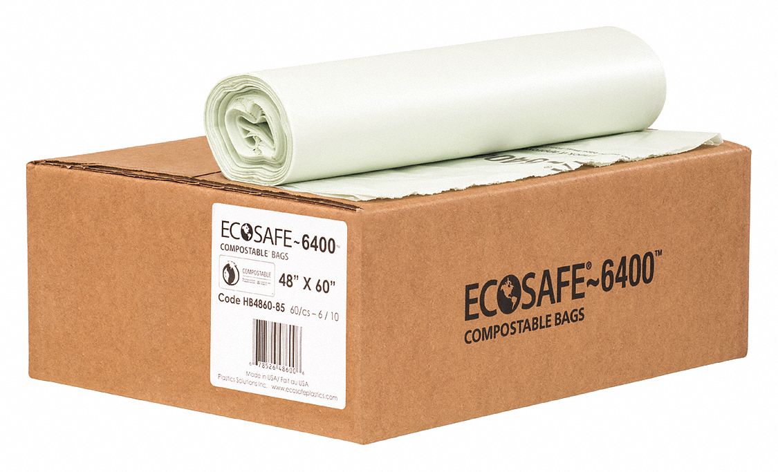 Compostable Trash Bags: 64 gal Capacity, 48 in Wd, 60 in Ht, 0.85 mil Thick, 60 PK