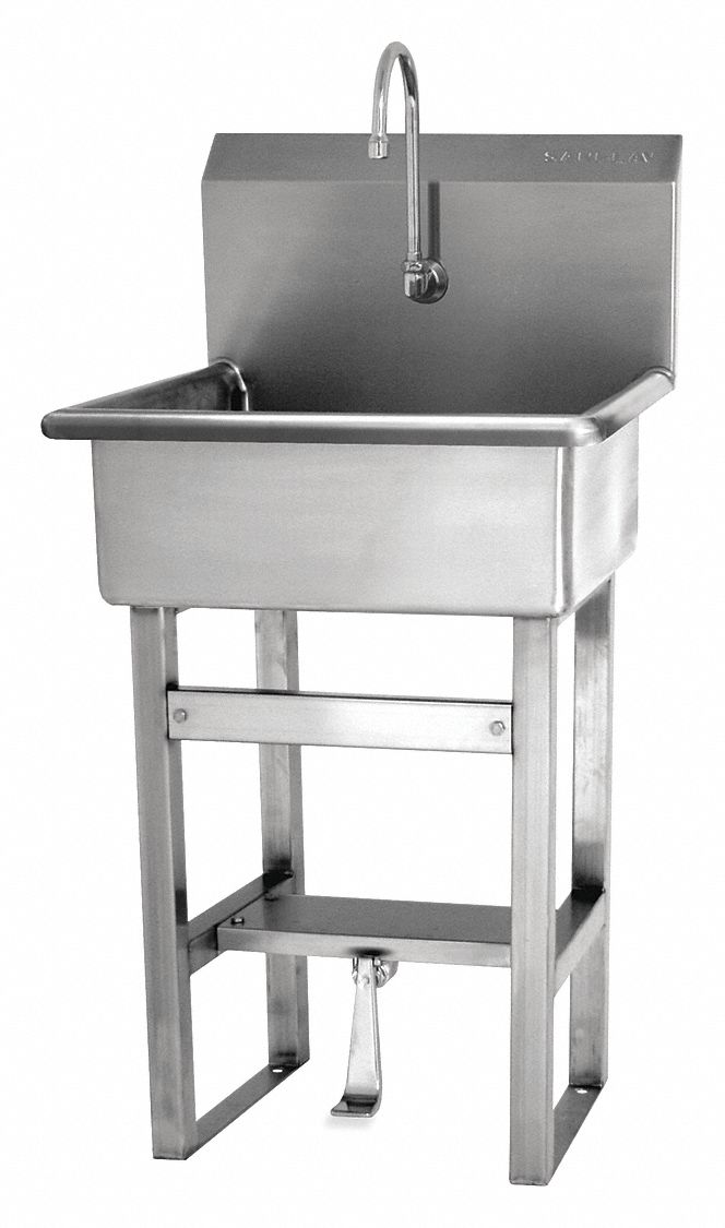 Hand Sink: 46 1/2 in Overall Ht, 20 in Bowl Lg, 9 in Bowl Dp, 0.5 gpm Flow Rate, 16 ga