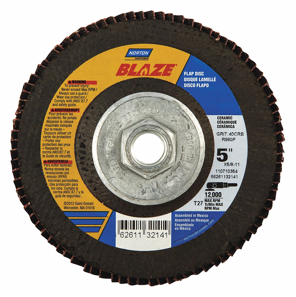 Flap Disc: Type 27, 5" x 5/8"-11, Ceramic, 40 Grit, Fiberglass Bk, High Density, Blaze R980P