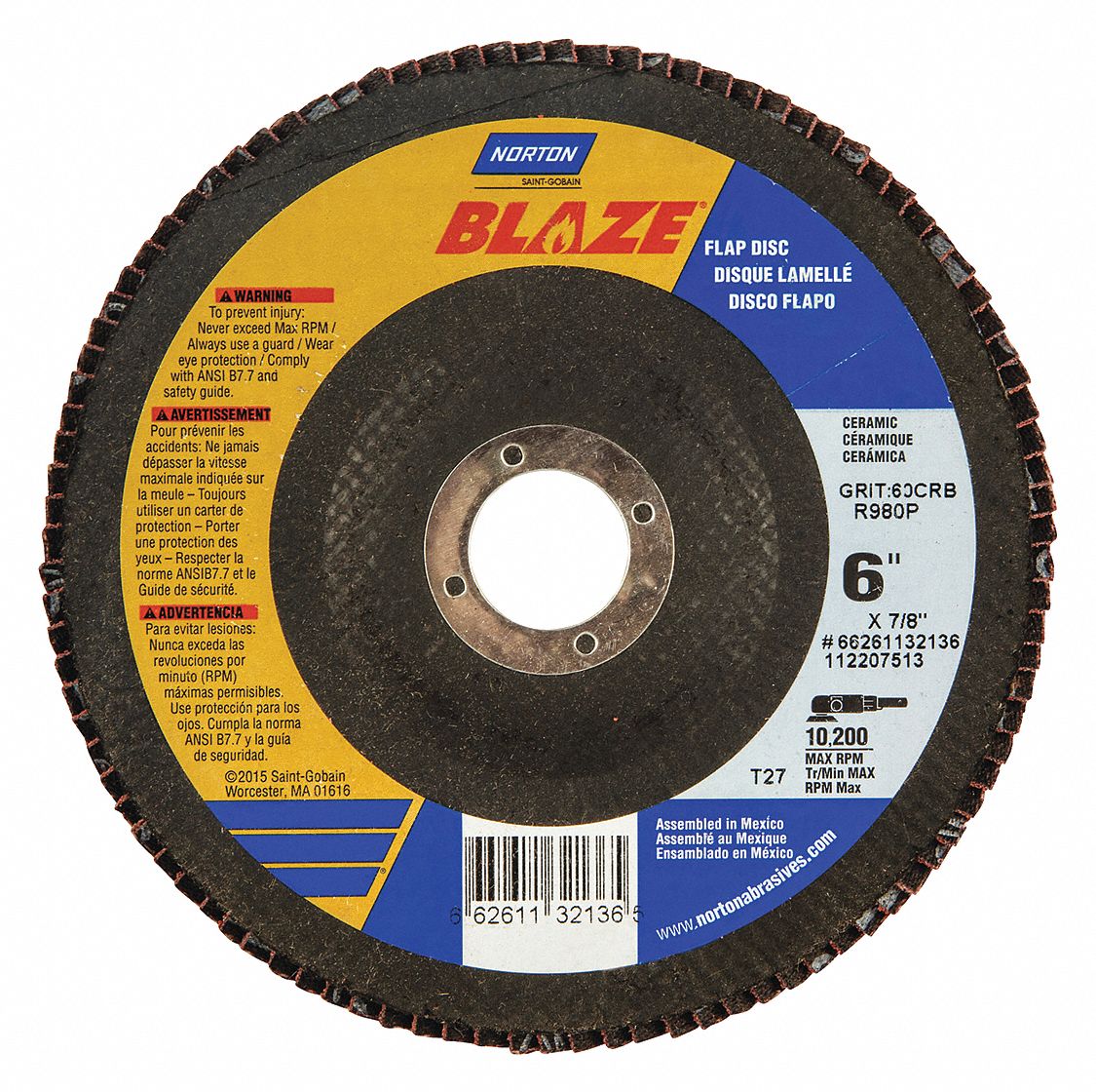 FLAP DISC, TYPE 27, 6 IN X ⅞ IN, CERAMIC, 60 GRIT, FIBREGLASS BACKING, HIGH DENSITY, BLAZE R980P