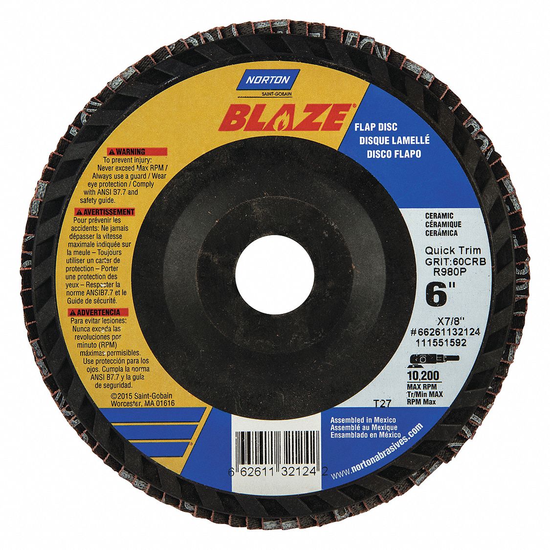 Flap Disc: Type 27, 6" x 7/8", Ceramic, 60 Grit, Plastic Bk, Std Density, Blaze R980P