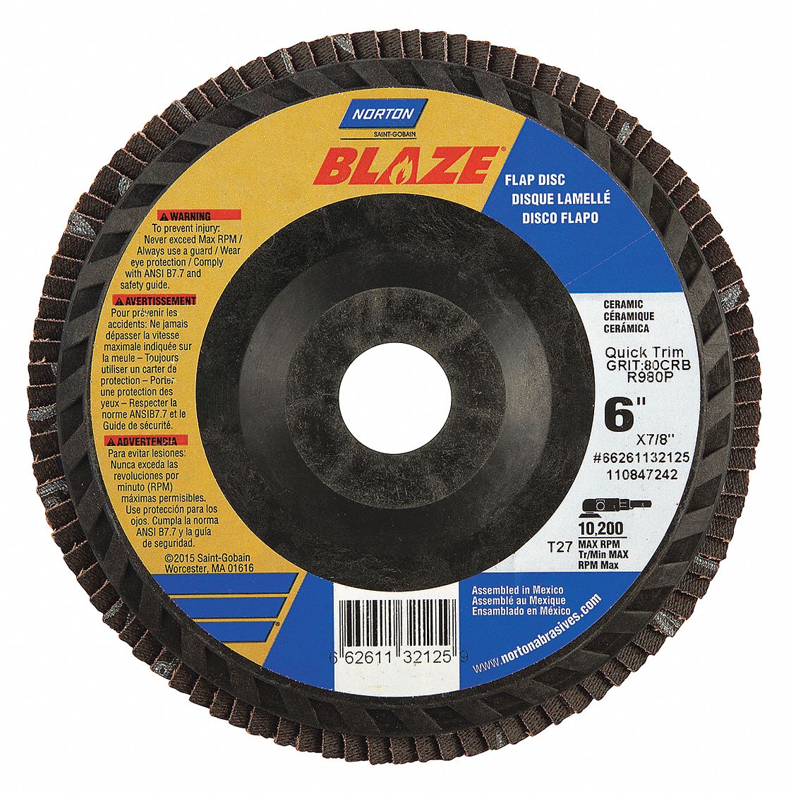NORTON Type 27, Flap Disc, Ceramic, 6 in Disc Diameter, 80 Abrasive