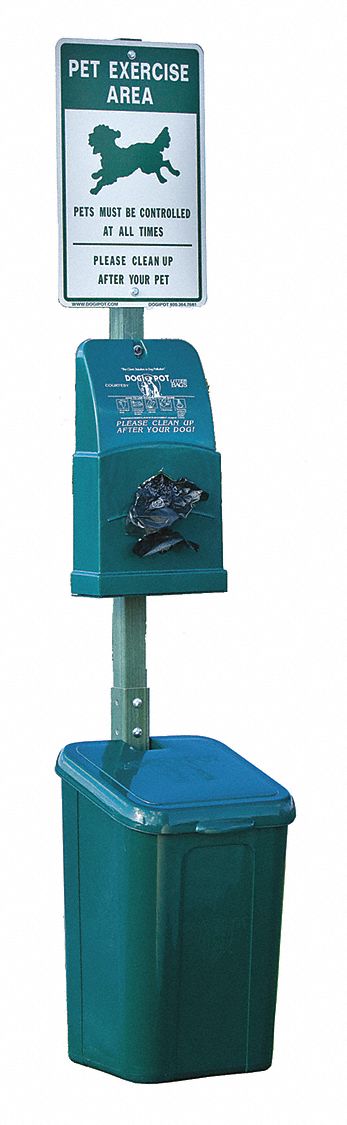 Pet Waste Station: 49 in Ht, 14 in Wd/Dia, Rectangular, Green, Free-Standing