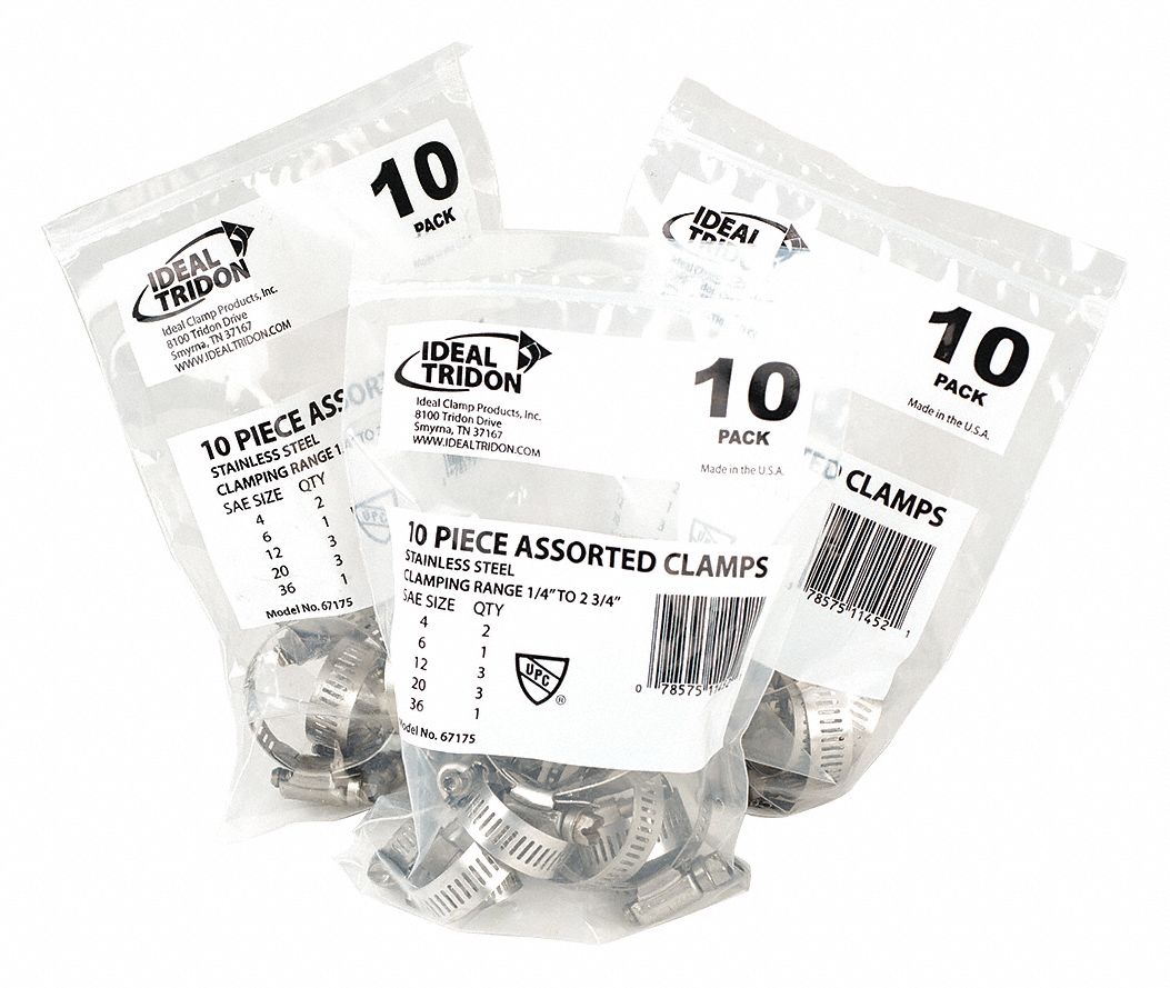 Hose Clamp Assortment: Adj Clamp, 10 Pieces, 5 # of Sizes, Stainless Steel, 10 PK