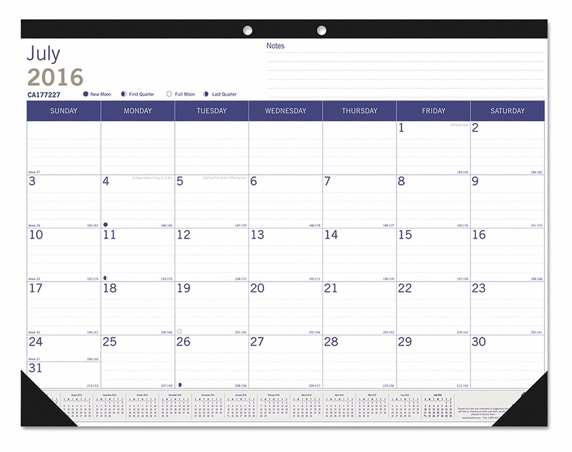 White Monthly Desk Pad Calendar with Notes Section: 22 in x 17 in Sheet Size