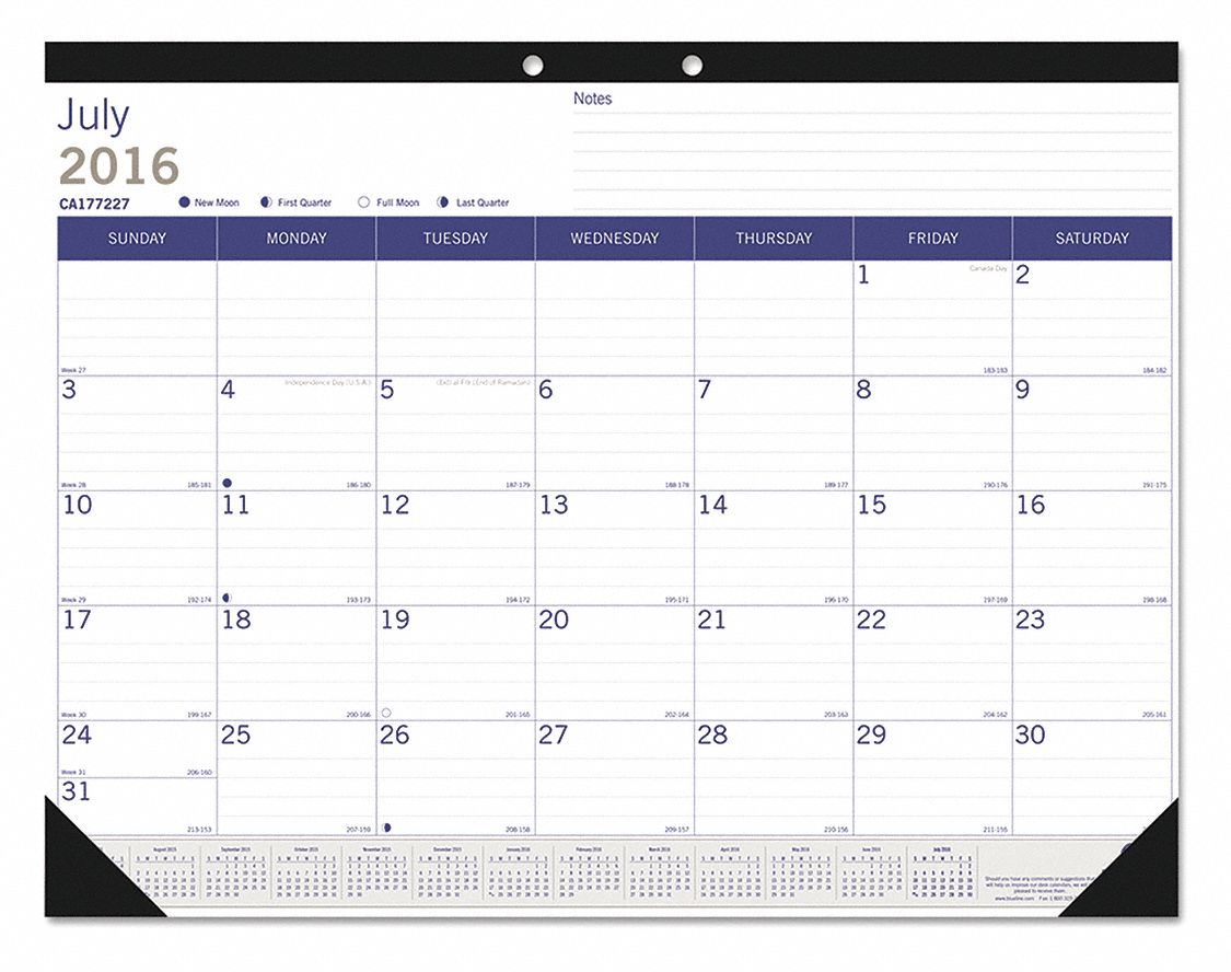 BLUELINE White Monthly Desk Pad Calendar with Notes Section, Format One ...