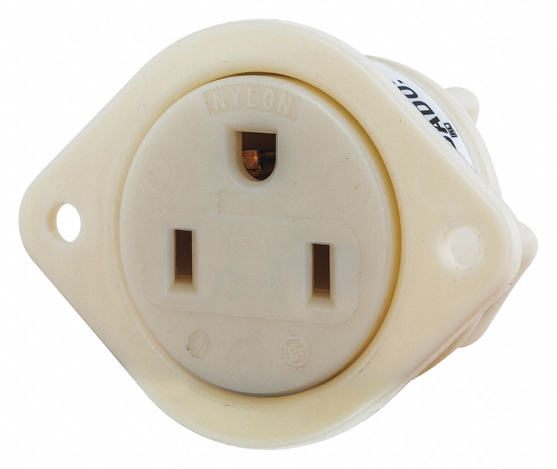 FLANGED RECEPTACLE, SINGLE, WHITE, 5-15R, 15 A, 125V AC, 2 POLE/3 WIRE, GEN USE