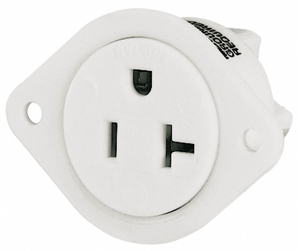 FLANGED RECEPTACLE, SINGLE, 5-20R, 125V AC, 20 A, WHITE, 2 POLE/3 WIRE, GEN USE