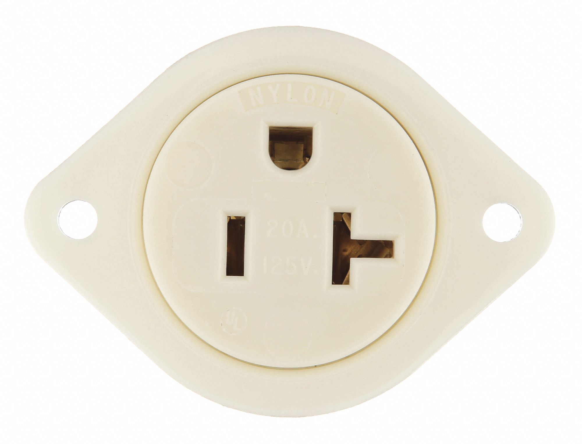 PRISE À BRIDE, SIMPLE, 2 PÔLES/3 FILS, NYLON, 125 V CA, 20 A, BORNES À VIS, 5-20R, 1 HP, 12 AWG, BLANC