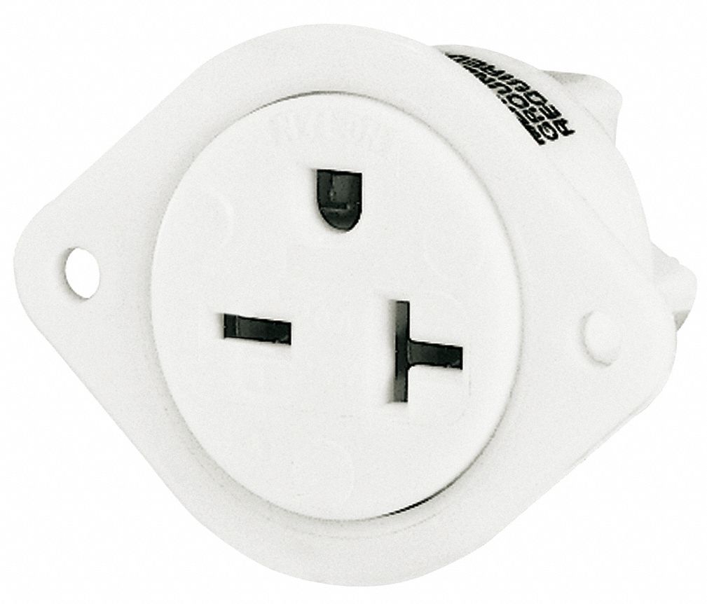 FLANGED RECEPTACLE, SINGLE, WHITE, 6-20R, 20 A, 250V AC, 2 POLE/3 WIRE, GEN USE