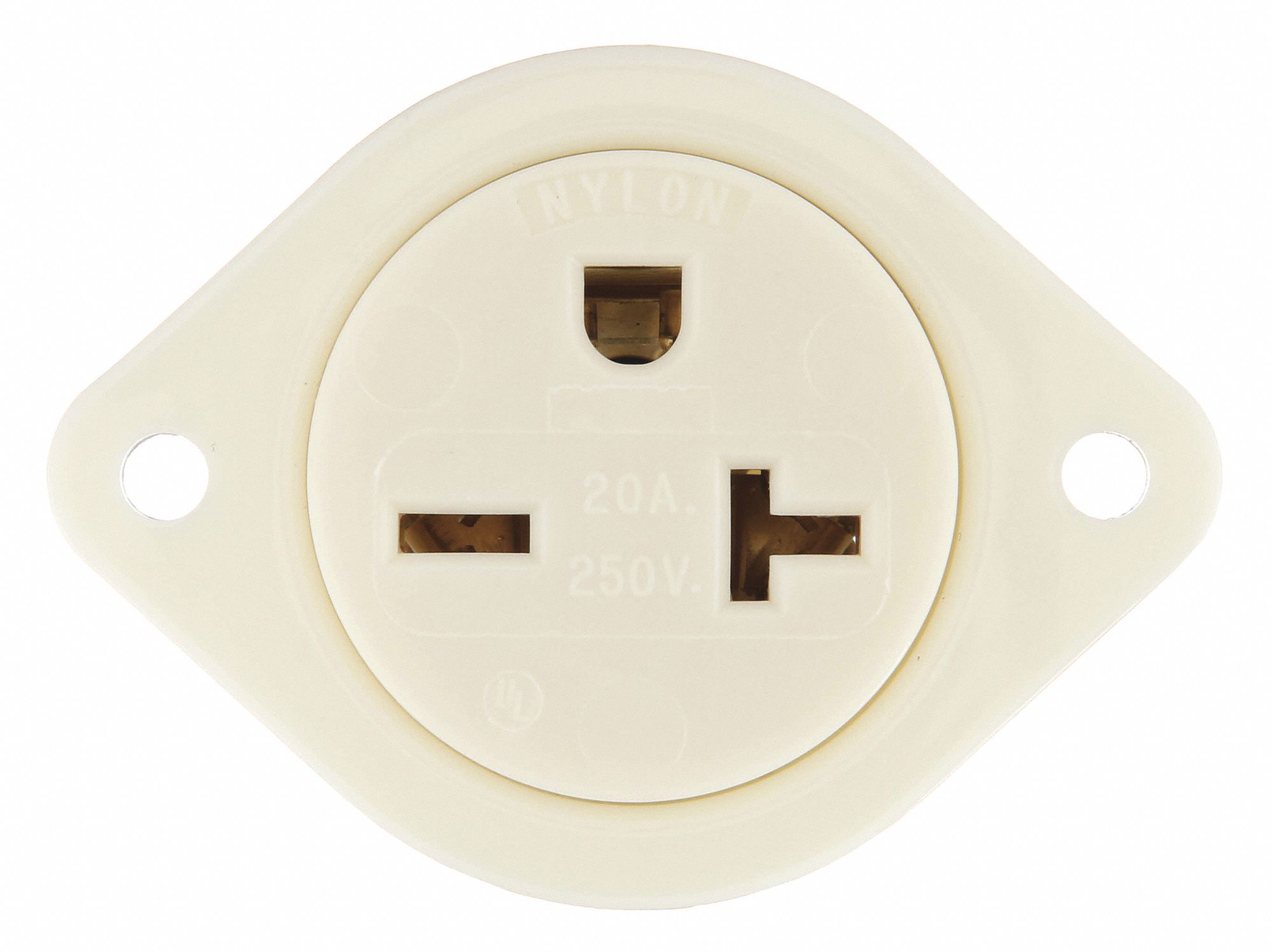 Flanged Receptacle: Single, White, 6-20R, 20 A, 250V AC, 2 Pole / 3 Wire, Screw Terminals