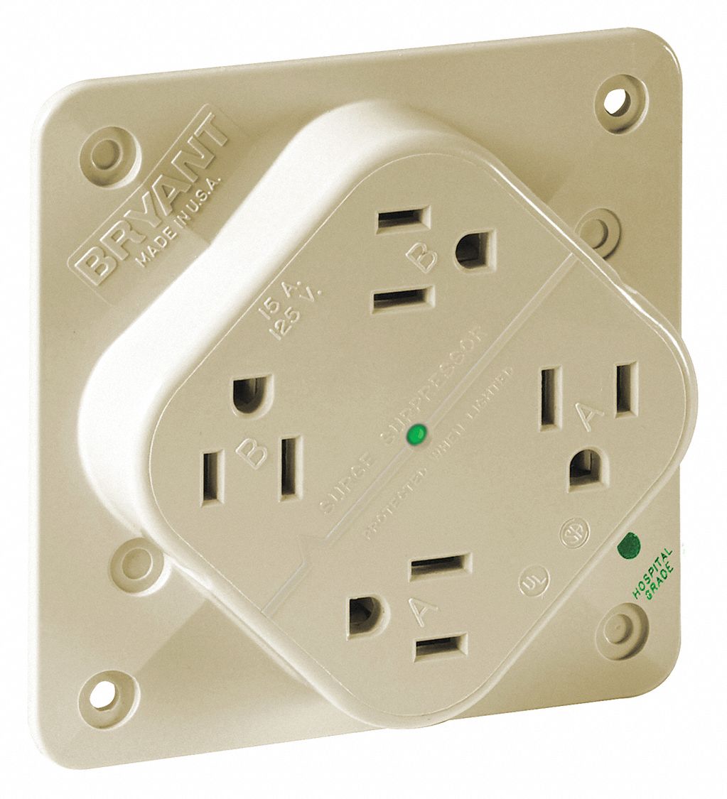 RECEPTACLE, QUAD, 5-15R, 15 A, 125V AC, IVORY, 2 POLE/3 WIRE POLES AND WIRES