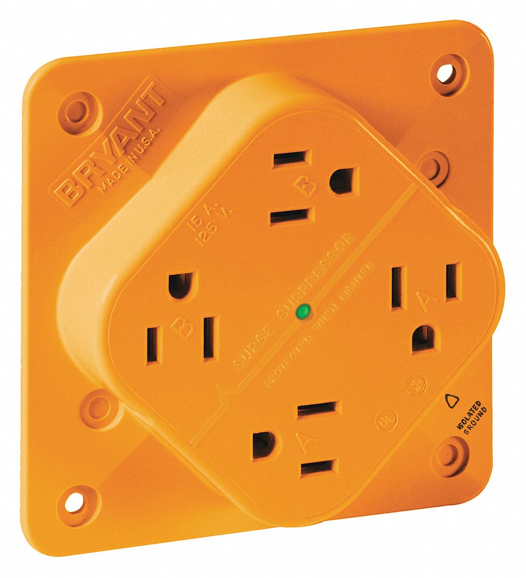 Receptacle: Quad, Orange, 5-15R, 15 A, 125V AC, 2 Pole / 3 Wire, Screw Terminals, Gen Use