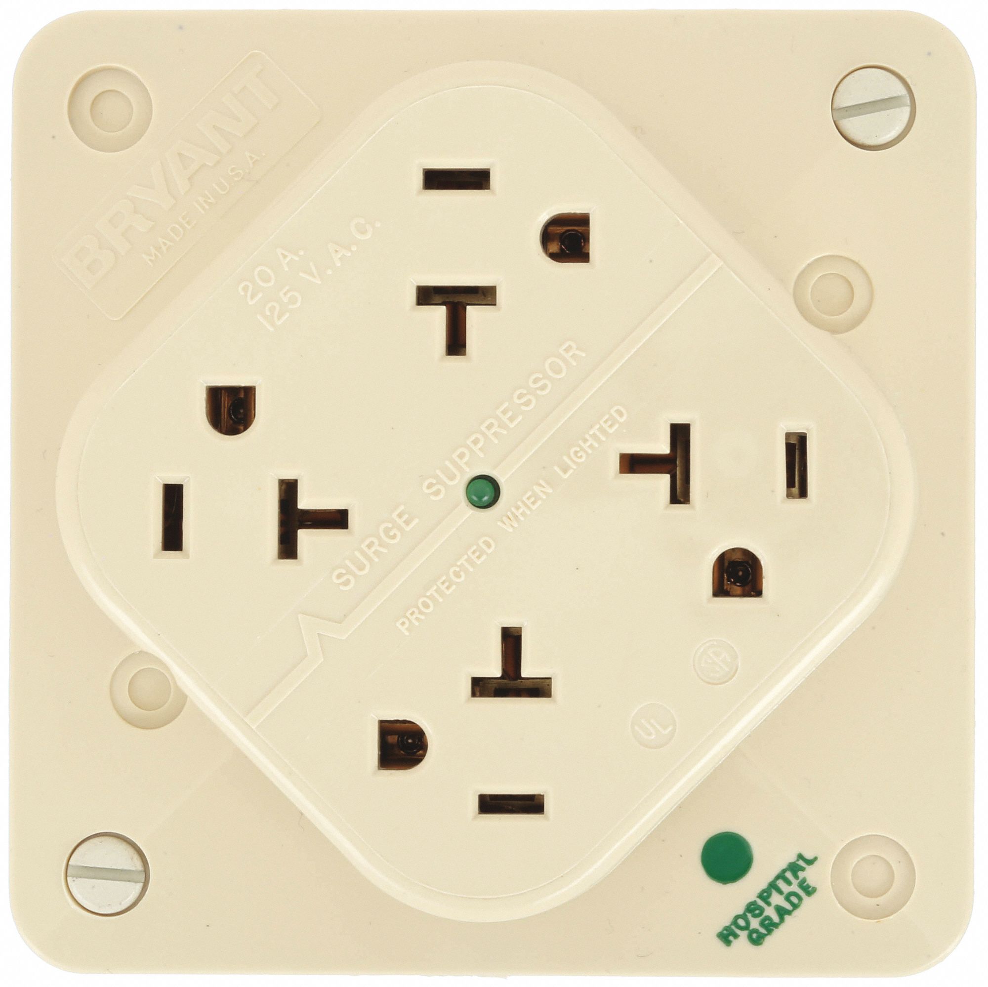 Receptacle: Quad, 5-20R, 20 A, 125V AC, Ivory, 2 Pole / 3 Wire Poles & Wires, Screw Terminals