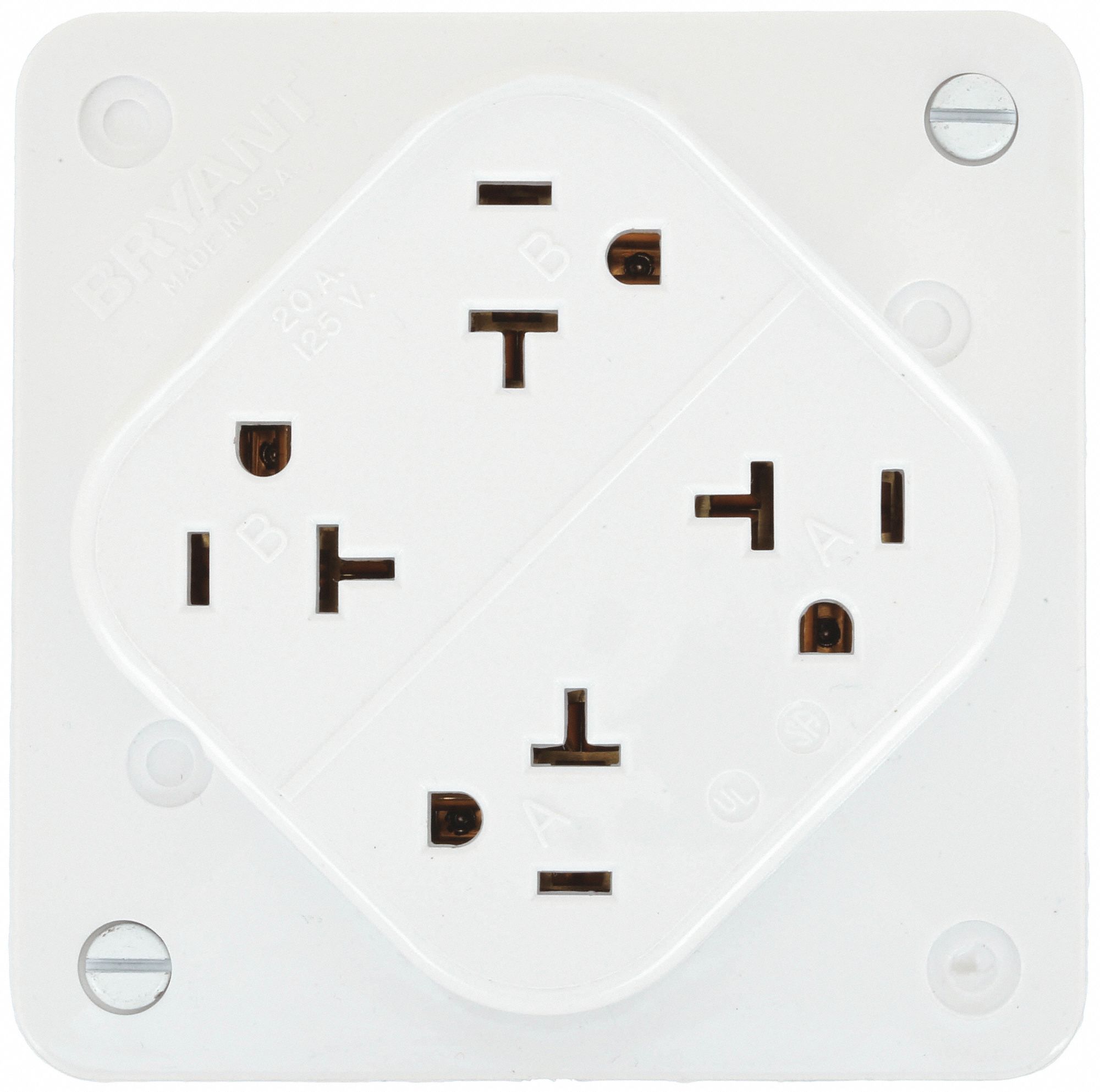 Receptacle: Quad, White, 5-20R, 20 A, 125V AC, 2 Pole / 3 Wire, Screw Terminals, Gen Use