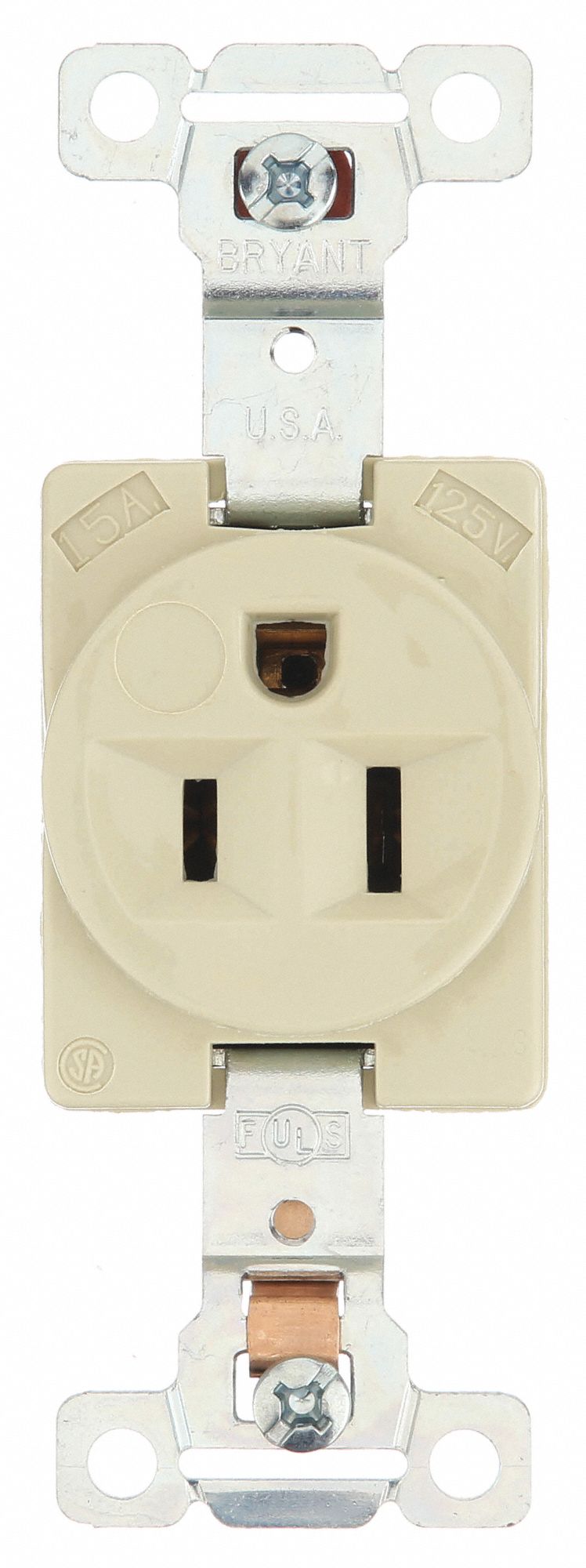 Receptacle: Single, Ivory, 5-15R, 15 A, 125V AC, 2 Pole / 3 Wire, Screw Terminals, Gen Use