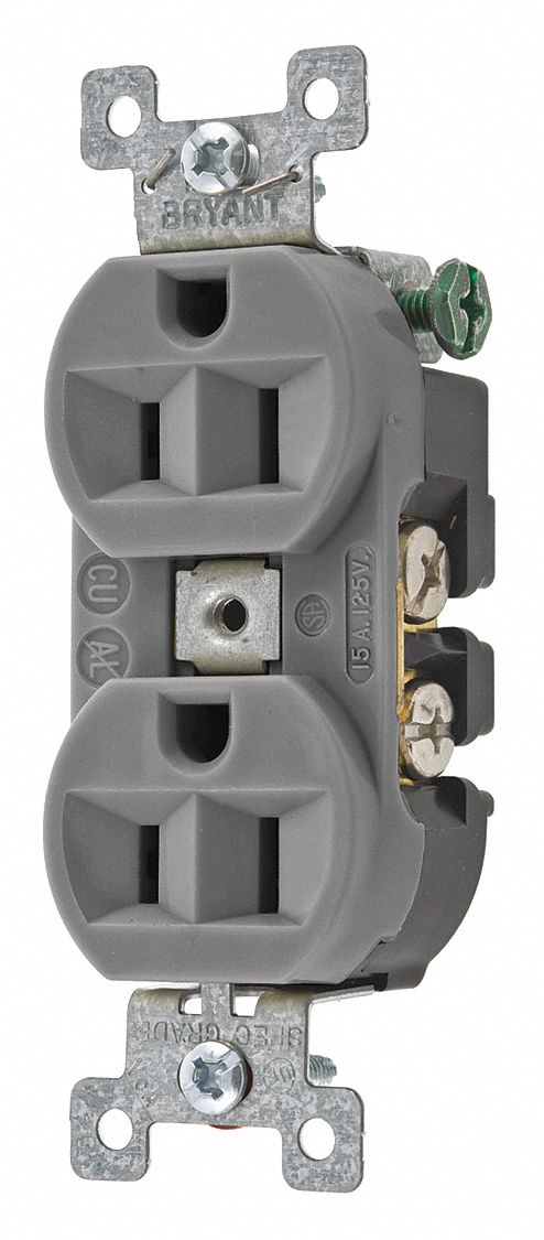 RECEPTACLE, DUPLEX, 5-15R, 125V AC, 15 A, GREY, 2 POLE/3 WIRE, SCREW TERMINALS